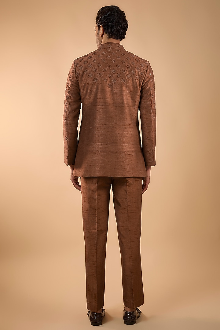 Brown Raw Silk Bead Handwork Open Jacket Set by Nero by Shaifali & Satya at Pernia's Pop Up Shop