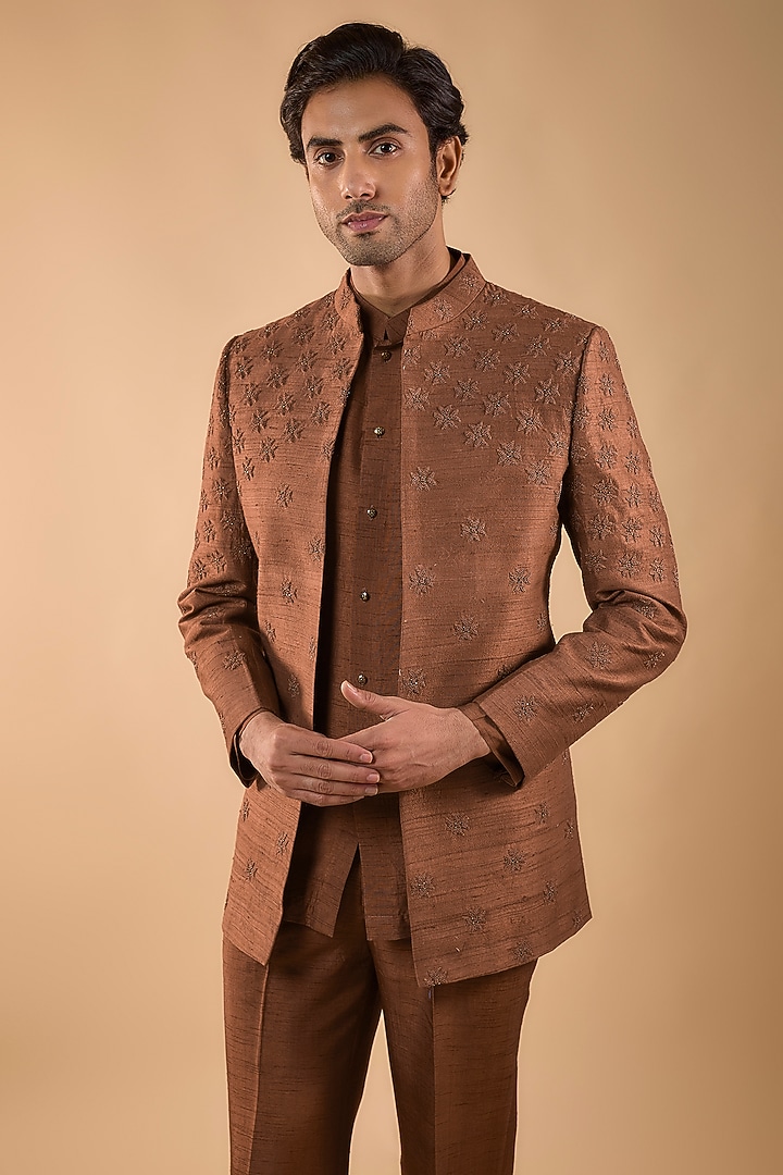 Brown Raw Silk Bead Handwork Open Jacket Set by Nero by Shaifali & Satya at Pernia's Pop Up Shop