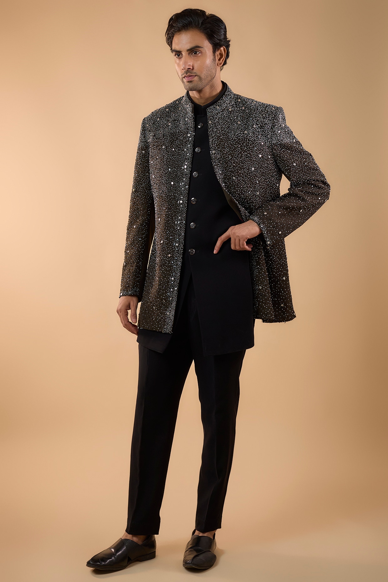 Nero by Shaifali & Satya Olive Green Boomario Fabric Cutdana Handwork Open Jacket Set