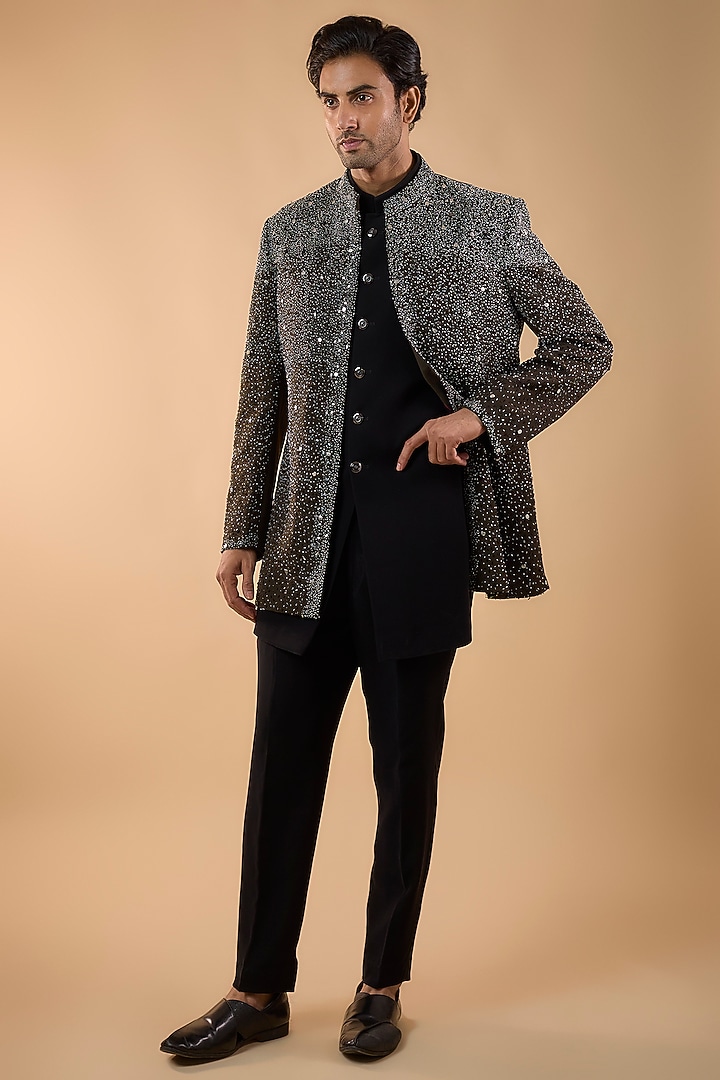Olive Green Boomario Fabric Cutdana Handwork Open Jacket Set by Nero by Shaifali & Satya at Pernia's Pop Up Shop