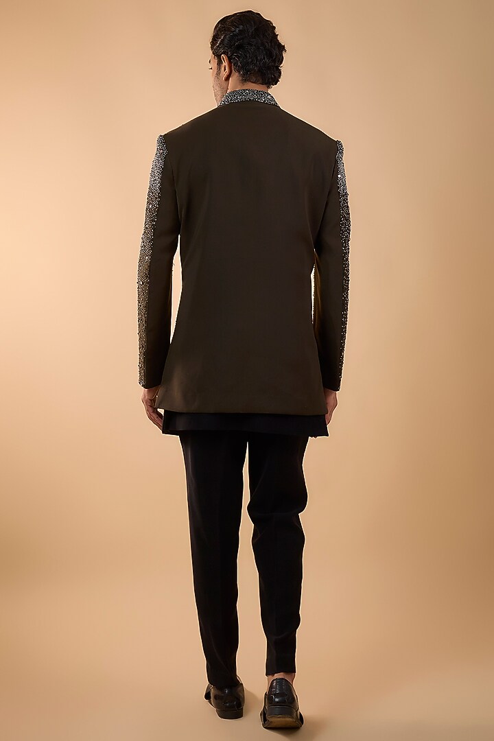 Olive Green Boomario Fabric Cutdana Handwork Open Jacket Set by Nero by Shaifali & Satya at Pernia's Pop Up Shop