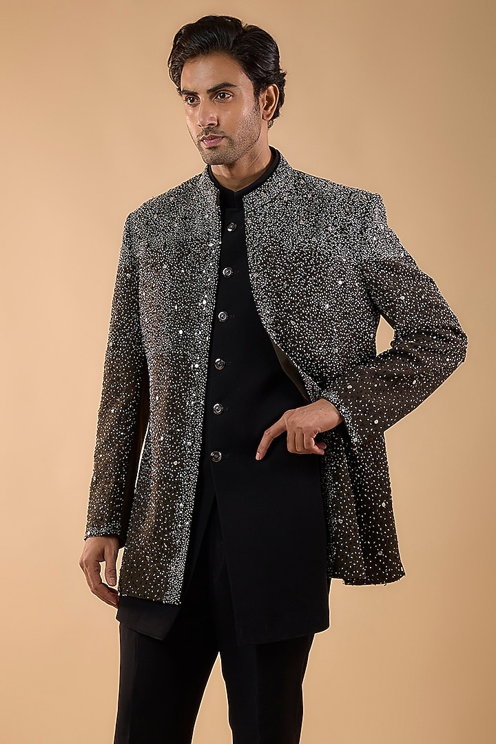 Olive Green Boomario Fabric Cutdana Handwork Open Jacket Set by Nero by Shaifali & Satya at Pernia's Pop Up Shop