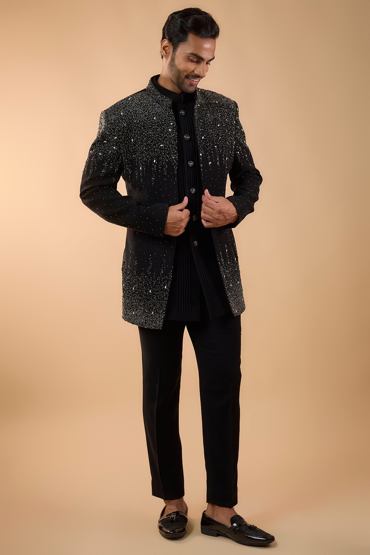 Nero by Shaifali & Satya Black Boomario Fabric Cutdana Handwork Open Jacket Set