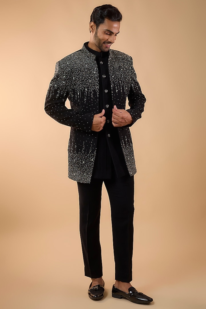 Black Boomario Fabric Cutdana Handwork Open Jacket Set by Nero by Shaifali & Satya at Pernia's Pop Up Shop
