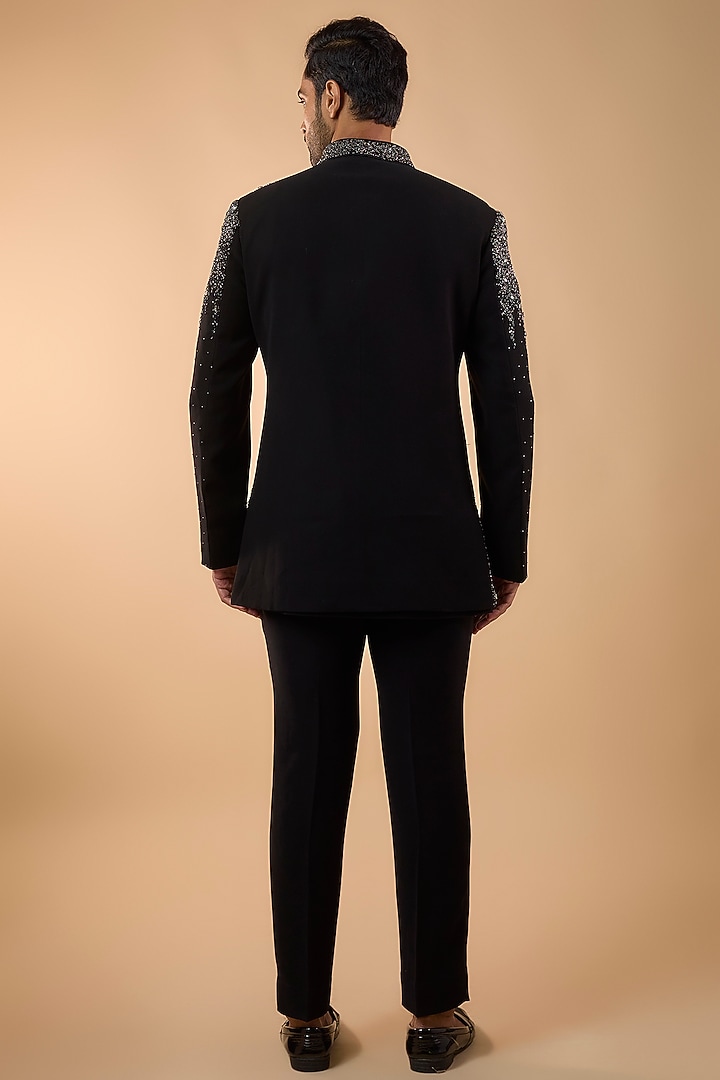 Black Boomario Fabric Cutdana Handwork Open Jacket Set by Nero by Shaifali & Satya at Pernia's Pop Up Shop