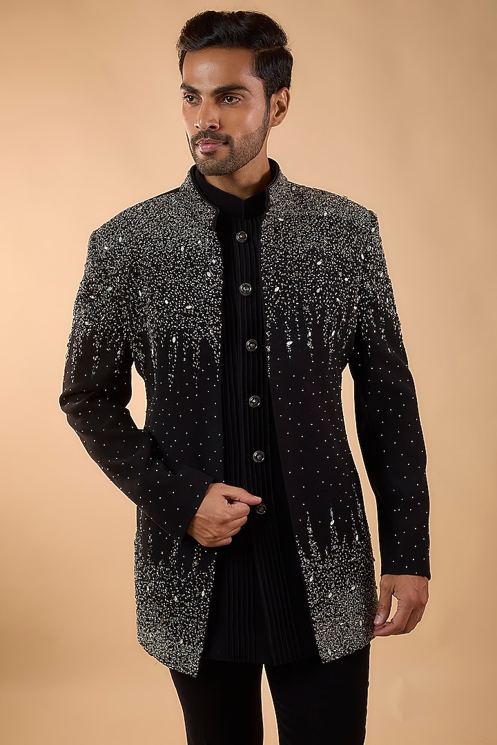 Black Boomario Fabric Cutdana Handwork Open Jacket Set by Nero by Shaifali & Satya at Pernia's Pop Up Shop