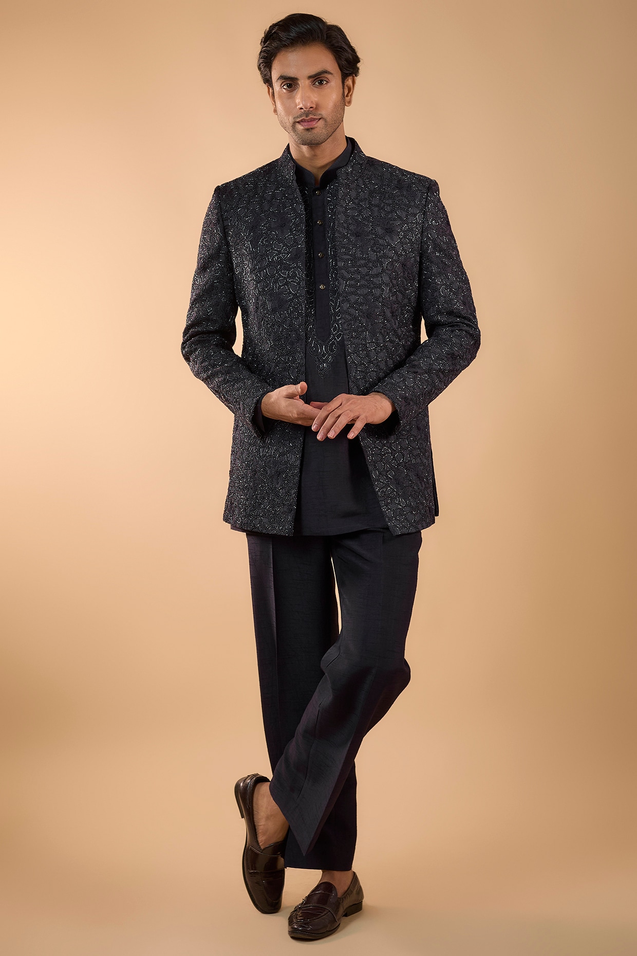 Nero by Shaifali & Satya Midnight Blue Lucknowi Cutdana Handwork Open Jacket Set