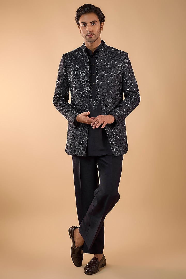 Midnight Blue Lucknowi Cutdana Handwork Open Jacket Set by Nero by Shaifali & Satya at Pernia's Pop Up Shop