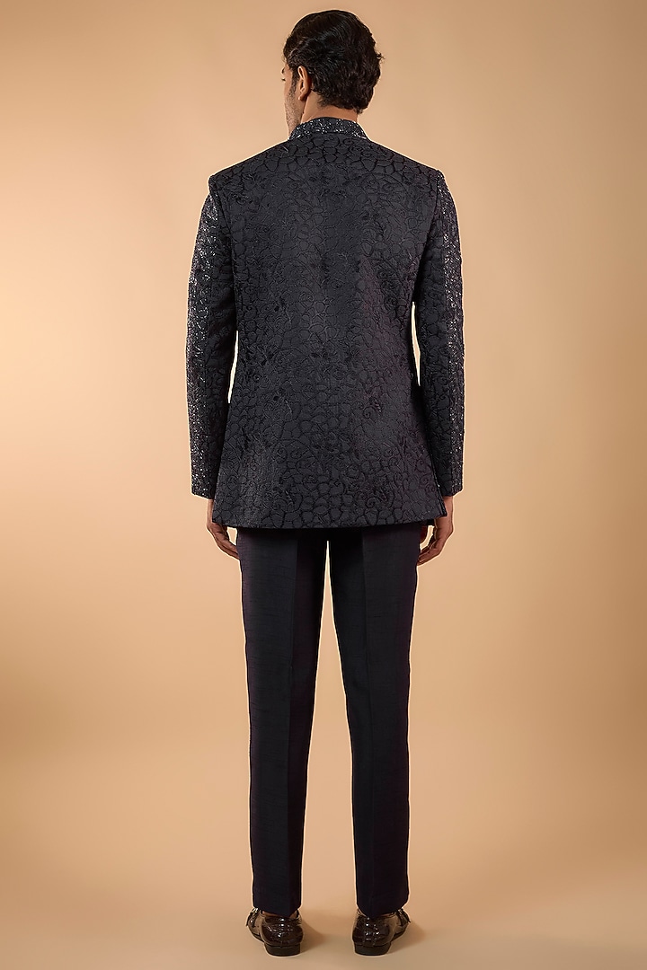 Midnight Blue Lucknowi Cutdana Handwork Open Jacket Set by Nero by Shaifali & Satya at Pernia's Pop Up Shop