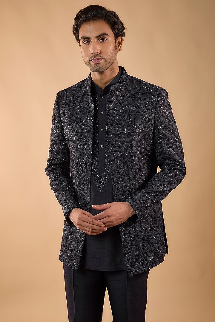Midnight Blue Lucknowi Cutdana Handwork Open Jacket Set by Nero by Shaifali & Satya at Pernia's Pop Up Shop