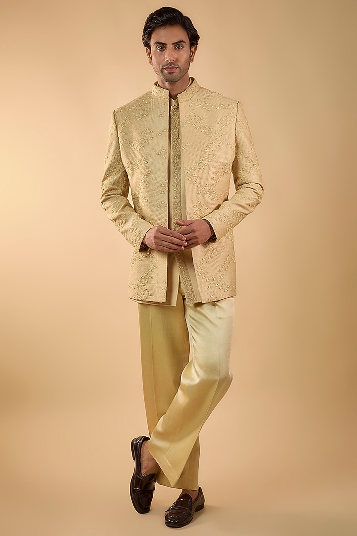 Beige Silk Cutdana Handwork Open Jacket Set by Nero by Shaifali & Satya at Pernia's Pop Up Shop
