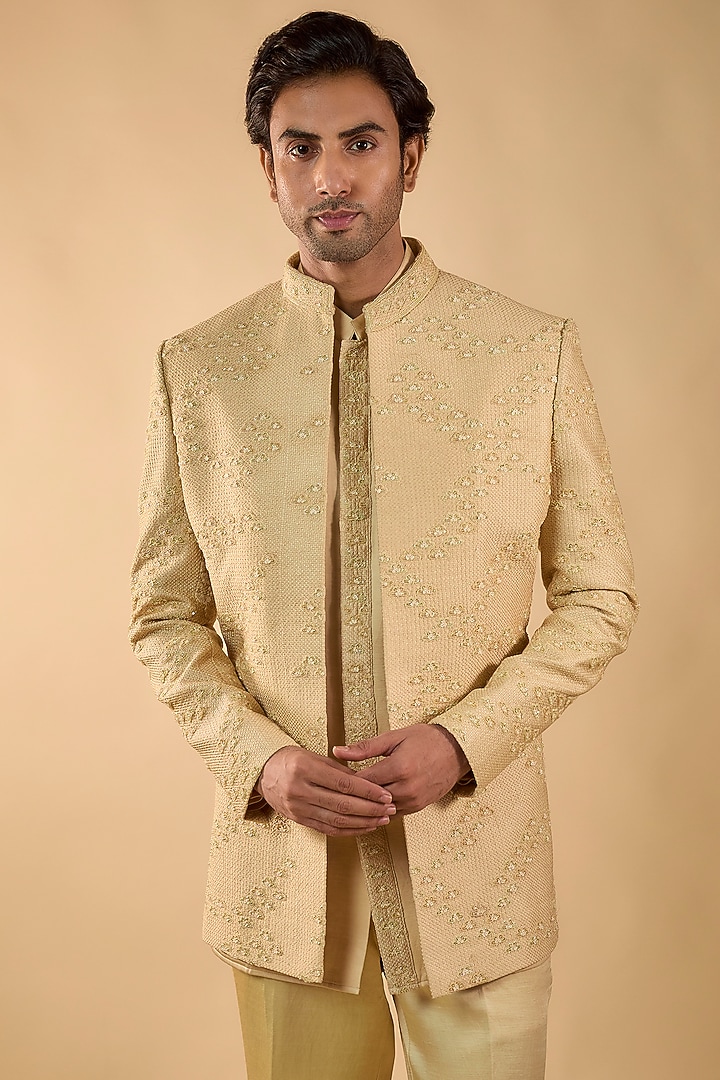 Beige Silk Cutdana Handwork Open Jacket Set by Nero by Shaifali & Satya at Pernia's Pop Up Shop