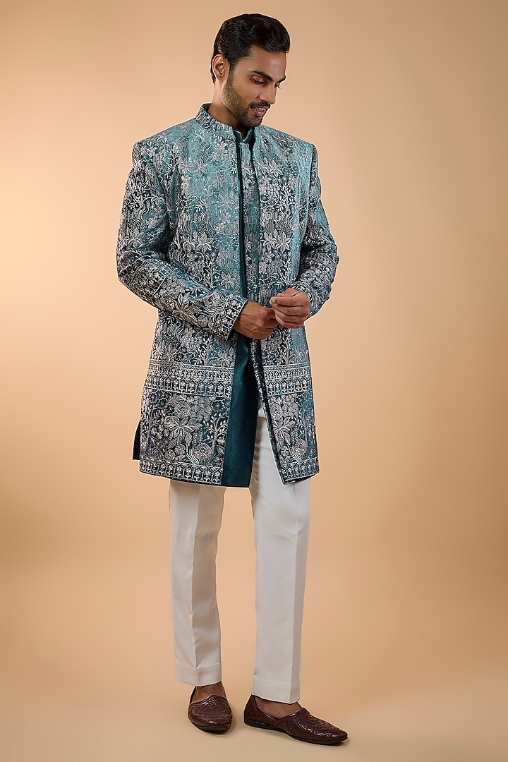 Teal Blue Velvet Threadwork Open Jacket Set by Nero by Shaifali & Satya at Pernia's Pop Up Shop