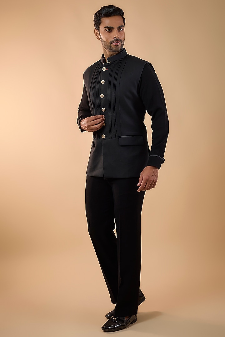 Black Suiting Bundi Jacket Set by Nero by Shaifali & Satya at Pernia's Pop Up Shop