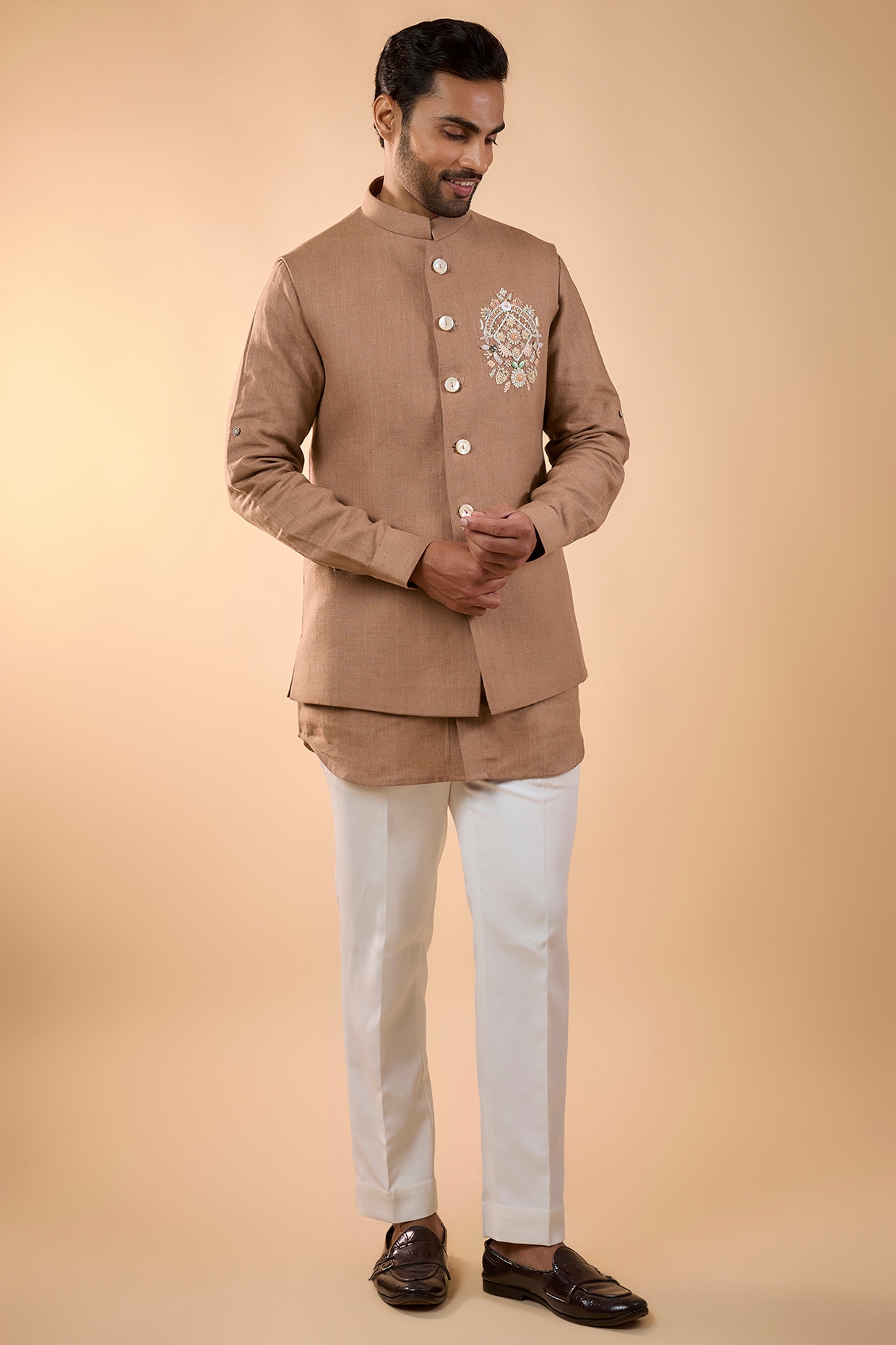 Nero by Shaifali & Satya Peach Linen Handwork Bundi Jacket Set