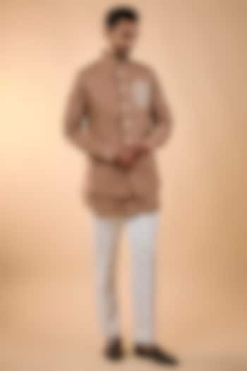 Peach Linen Handwork Bundi Jacket Set by Nero by Shaifali & Satya at Pernia's Pop Up Shop