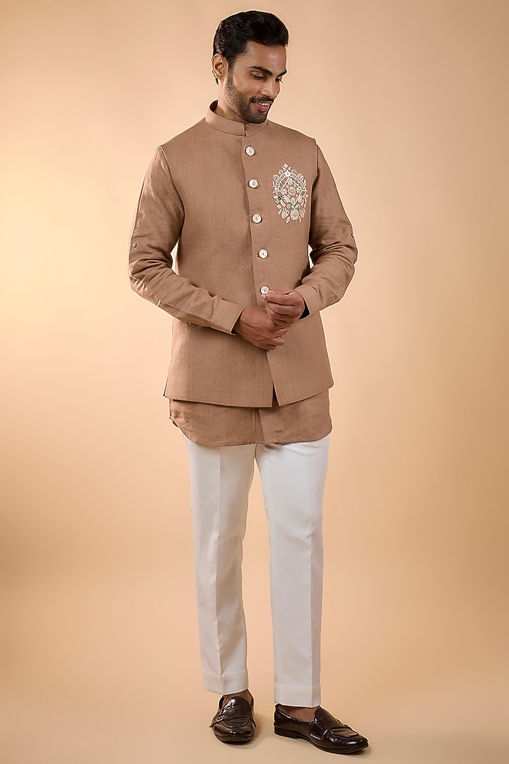 Peach Linen Handwork Bundi Jacket Set by Nero by Shaifali & Satya at Pernia's Pop Up Shop