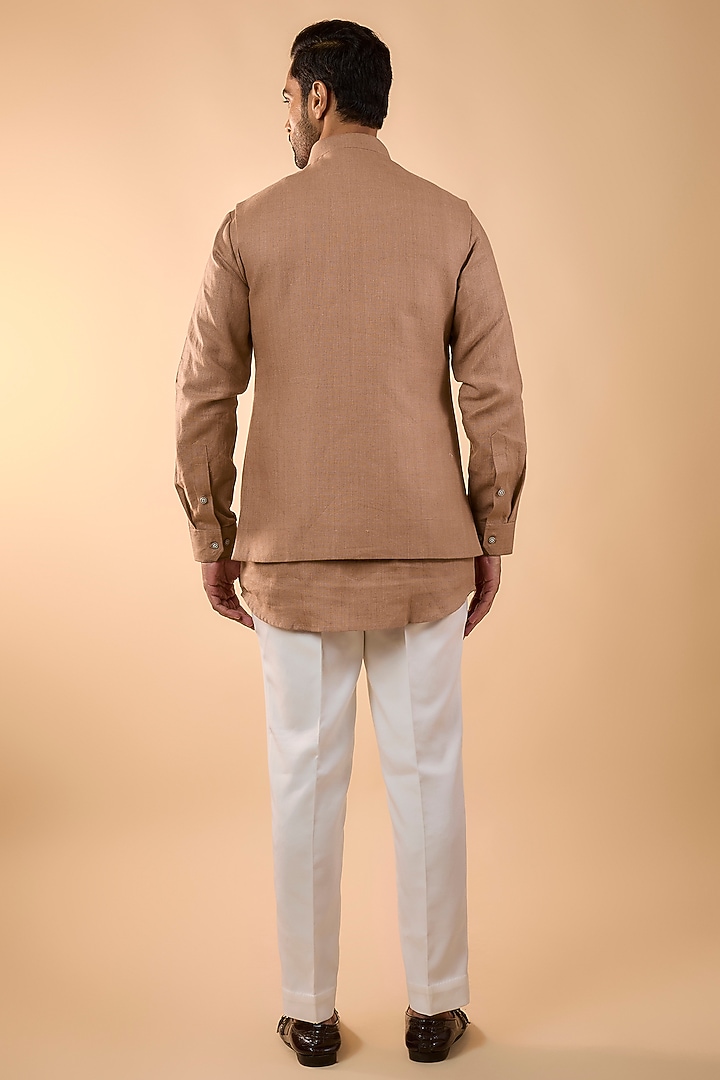Peach Linen Handwork Bundi Jacket Set by Nero by Shaifali & Satya at Pernia's Pop Up Shop