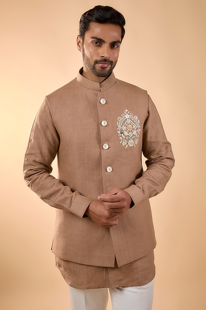 Peach Linen Handwork Bundi Jacket Set by Nero by Shaifali & Satya at Pernia's Pop Up Shop