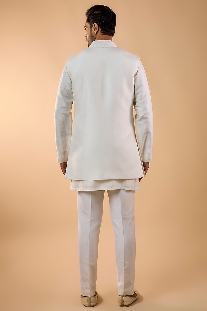 White Silk Hand Embroidered Bundi Jacket Set by Nero by Shaifali & Satya at Pernia's Pop Up Shop
