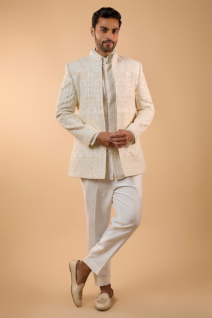 Ivory Net Cutdana Handwork Open Jacket Set by Nero by Shaifali & Satya at Pernia's Pop Up Shop