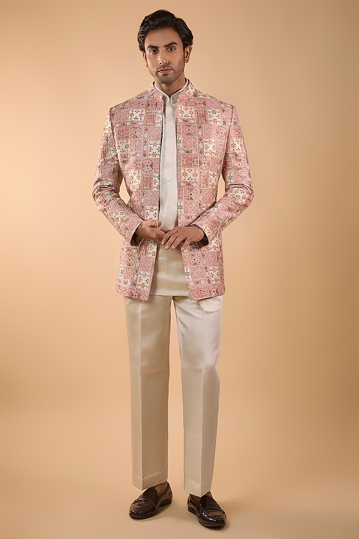 Peach Silk Cutdana Handwork Open Jacket Set by Nero by Shaifali & Satya at Pernia's Pop Up Shop