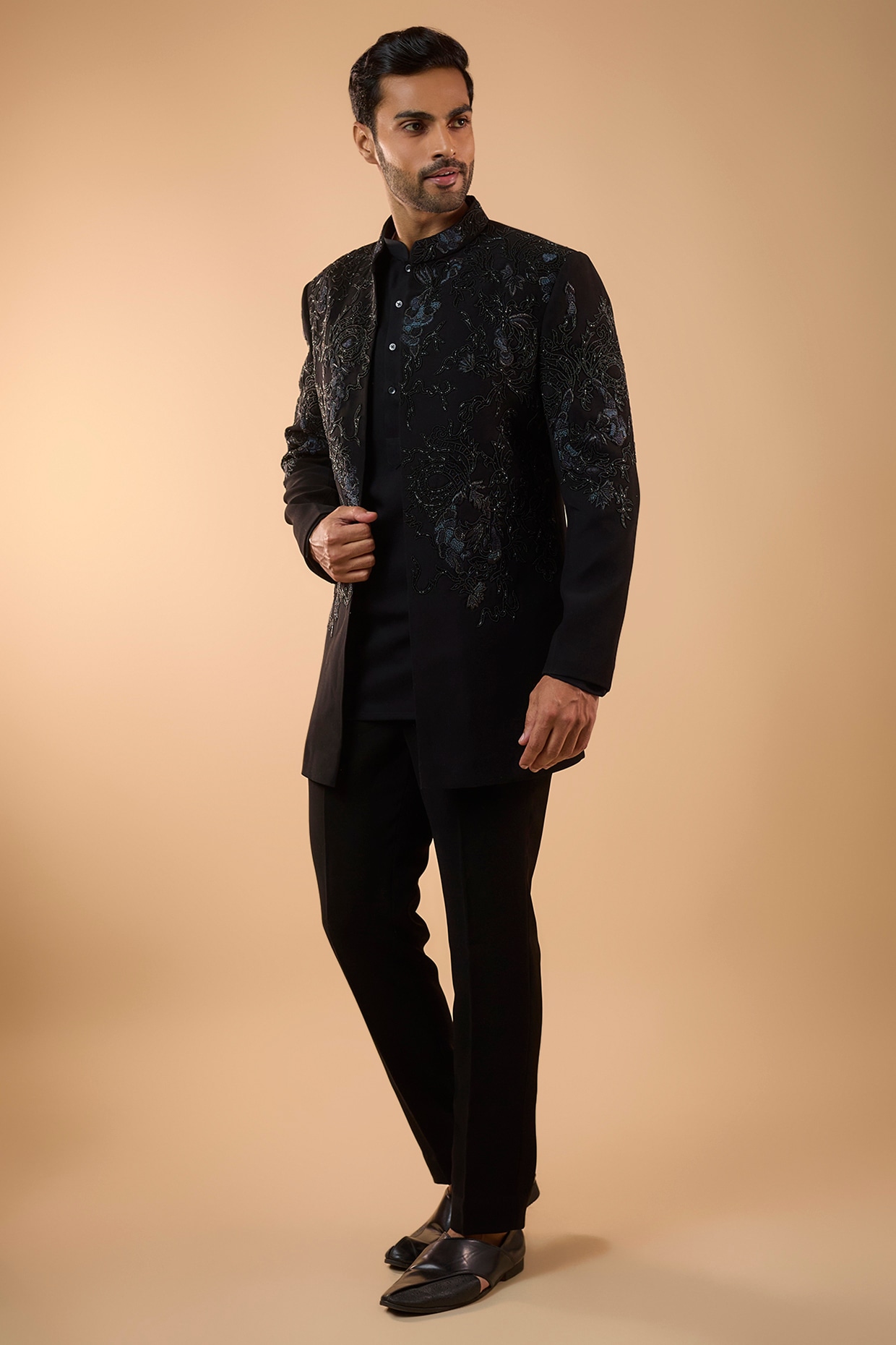 Nero by Shaifali & Satya Black Boomario Fabric Cutdana Handwork Open Jacket Set