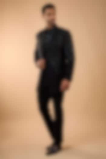 Black Boomario Fabric Cutdana Handwork Open Jacket Set by Nero by Shaifali & Satya at Pernia's Pop Up Shop