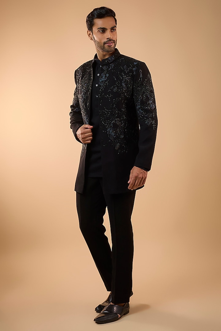 Black Boomario Fabric Cutdana Handwork Open Jacket Set by Nero by Shaifali & Satya at Pernia's Pop Up Shop