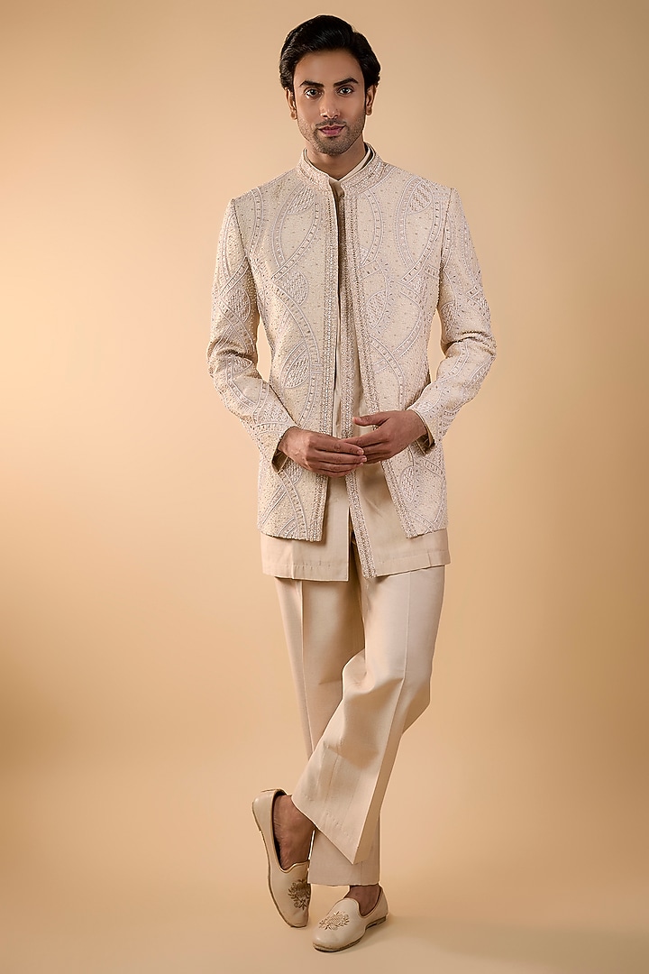 Blush Pink Chanderi Zardosi Handwork Open Jacket Set by Nero by Shaifali & Satya at Pernia's Pop Up Shop