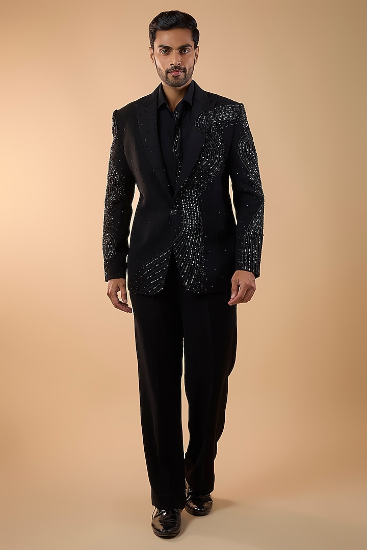 Black Boomario Fabric Thread Handwork Blazer Set by Nero by Shaifali & Satya at Pernia's Pop Up Shop