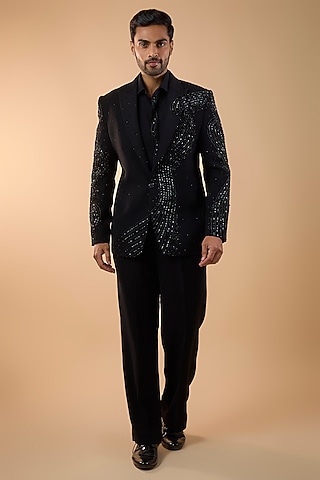 Black Boomario Fabric Thread Handwork Blazer Set by Nero by Shaifali & Satya