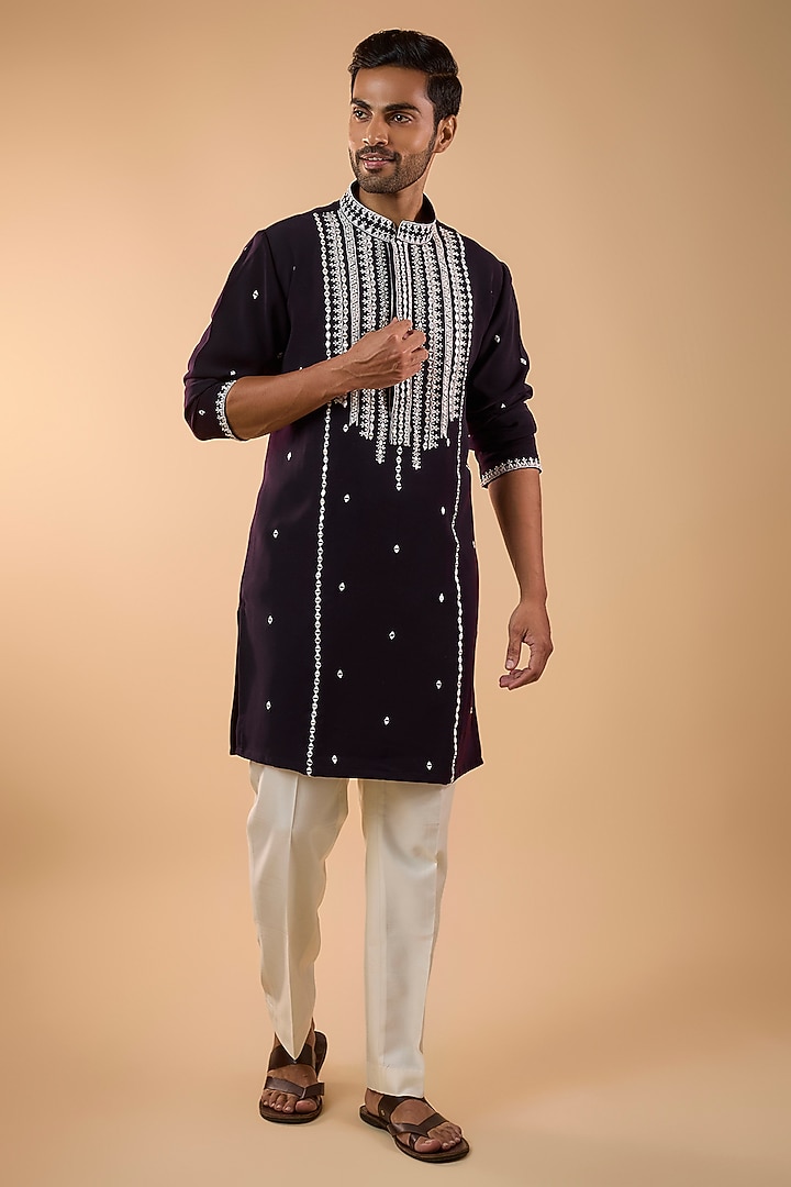 Wine Boomario Fabric Mirror Work Kurta Set by Nero by Shaifali & Satya at Pernia's Pop Up Shop