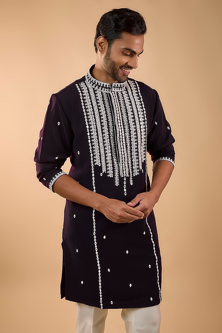 Wine Boomario Fabric Mirror Work Kurta Set by Nero by Shaifali & Satya at Pernia's Pop Up Shop