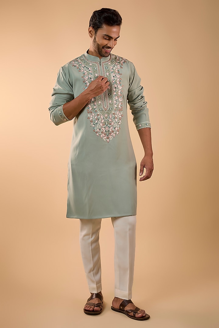 Light Green Boomario Fabric Hand Embroidered Kurta Set by Nero by Shaifali & Satya at Pernia's Pop Up Shop