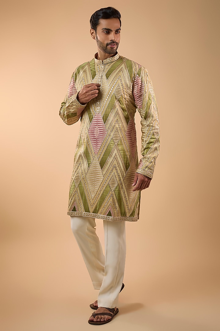 Light Green Silk Gota Patti Work Kurta Set by Nero by Shaifali & Satya at Pernia's Pop Up Shop