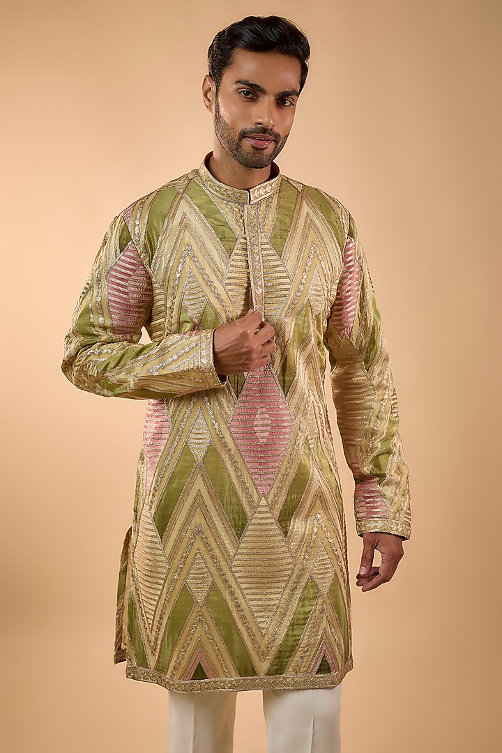 Light Green Silk Gota Patti Work Kurta Set by Nero by Shaifali & Satya at Pernia's Pop Up Shop