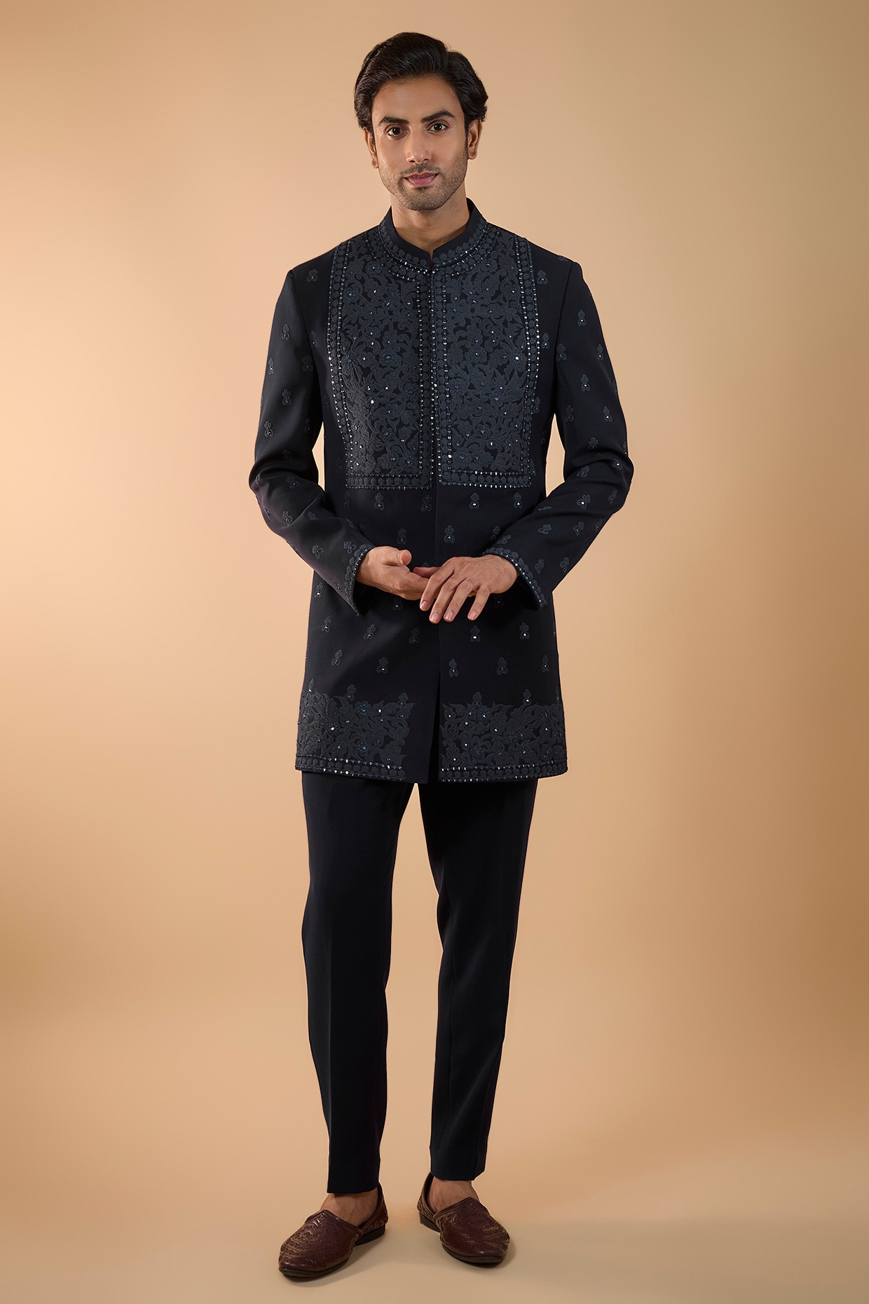 Nero by Shaifali & Satya Midnight Blue Boomario Fabric Mirror Work Indowestern Set