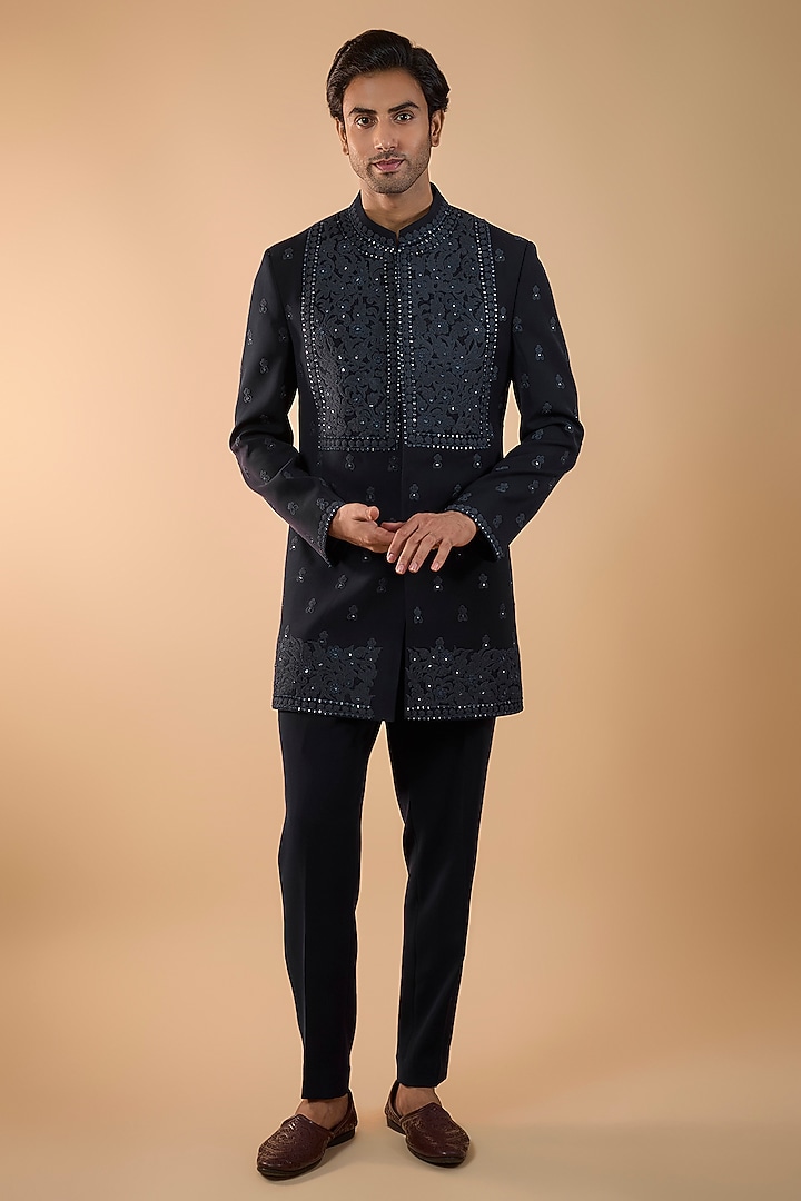 Midnight Blue Boomario Fabric Mirror Work Wedding Indowestern Set by Nero by Shaifali & Satya at Pernia's Pop Up Shop