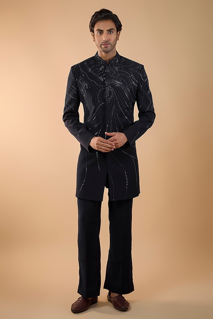 Midnight Blue Boomario Fabric ThreadWork Wedding Indowestern Set by Nero by Shaifali & Satya at Pernia's Pop Up Shop