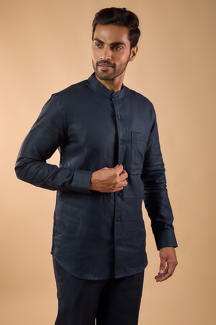 Navy Blue Linen Co-Ord Set by Nero by Shaifali & Satya at Pernia's Pop Up Shop