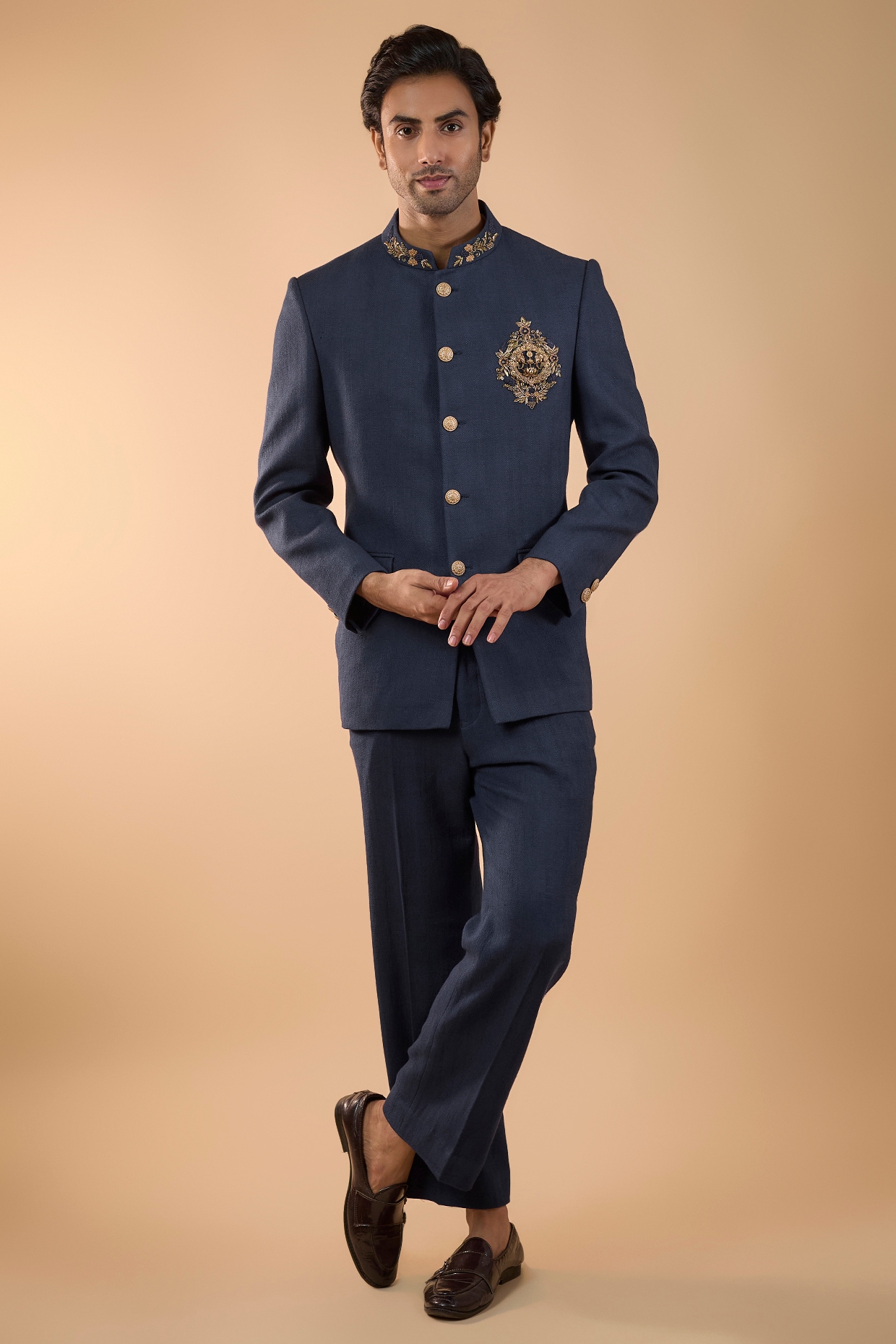 Nero by Shaifali & Satya Royal Blue Matka Silk Handwork Jodhpuri Set