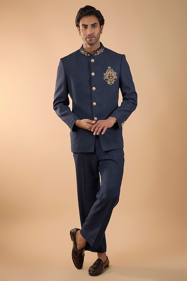 Royal Blue Matka Silk Handwork Jodhpuri Set by Nero by Shaifali & Satya at Pernia's Pop Up Shop