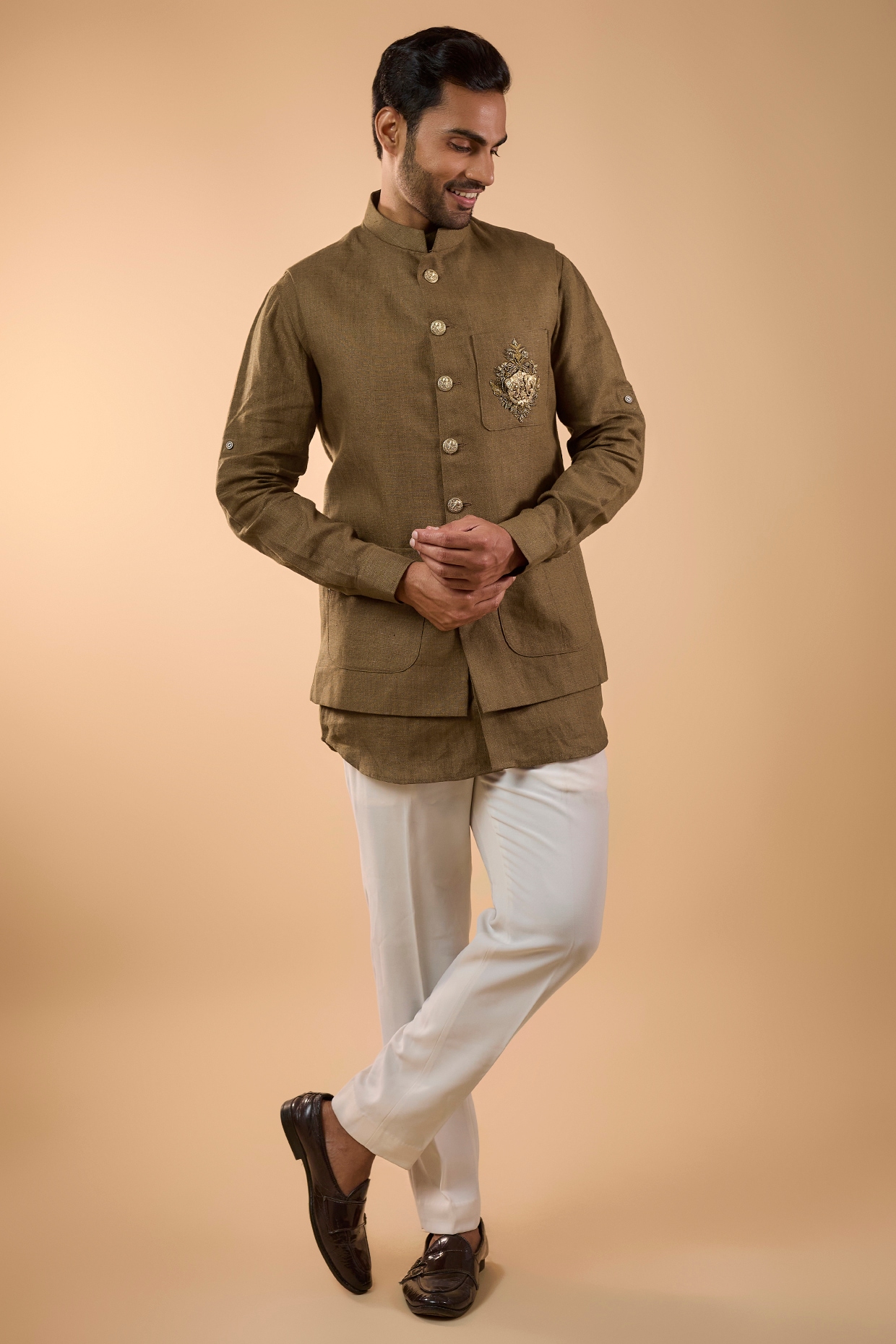 Nero by Shaifali & Satya Brown Linen Handwork Bundi Jacket Set