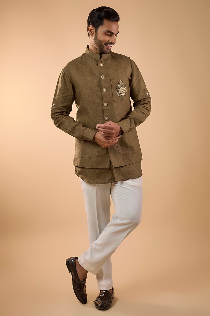 Brown Linen Handwork Bundi Jacket Set by Nero by Shaifali & Satya at Pernia's Pop Up Shop