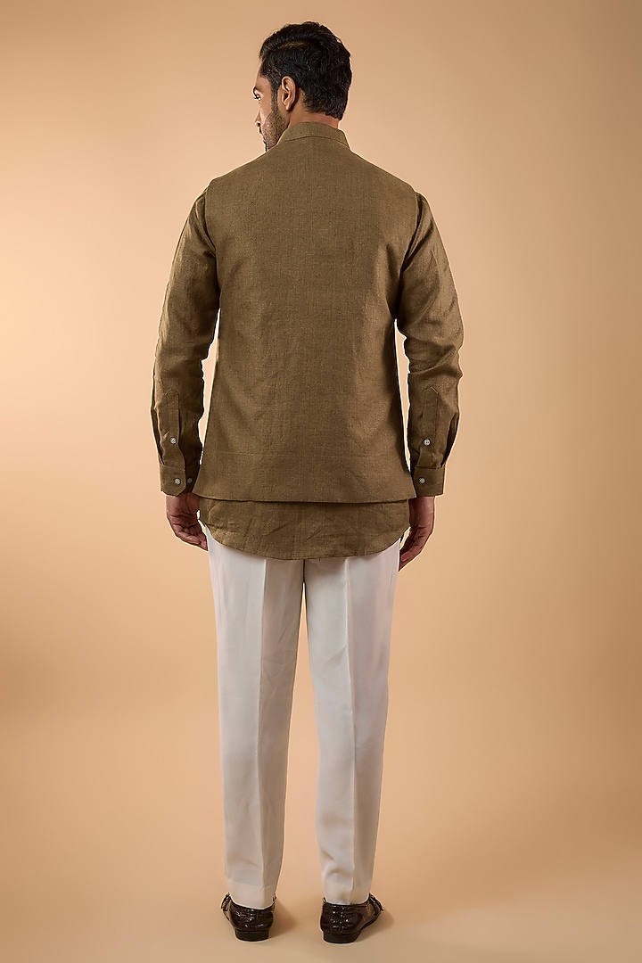 Brown Linen Handwork Bundi Jacket Set by Nero by Shaifali & Satya at Pernia's Pop Up Shop