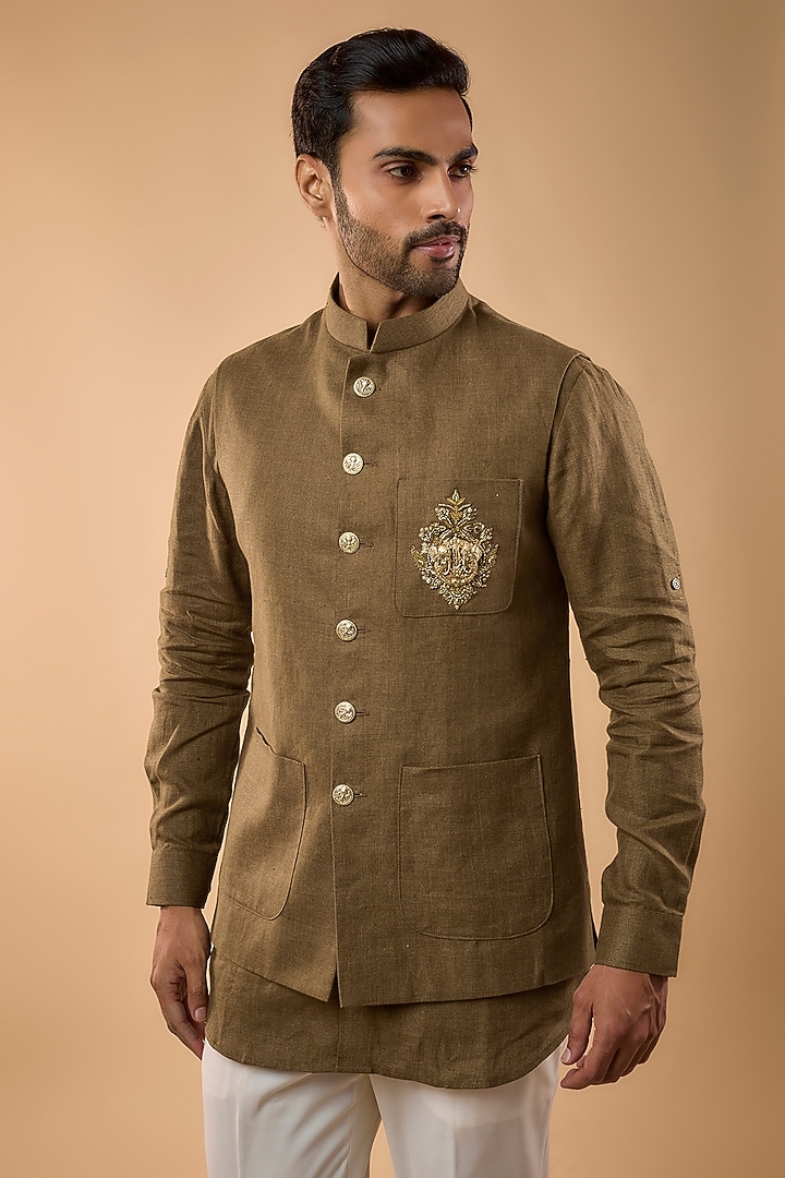 Brown Linen Handwork Bundi Jacket Set by Nero by Shaifali & Satya at Pernia's Pop Up Shop