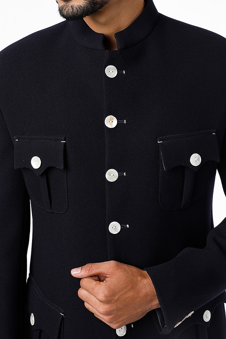 Dark Navy Blue Jodhpuri Wedding Bandhgala Jacket Set by Nero by Shaifali & Satya at Pernia's Pop Up Shop