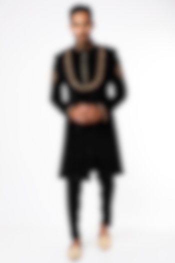 Black Embroidered Wedding Sherwani Set by Nero by Shaifali & Satya at Pernia's Pop Up Shop