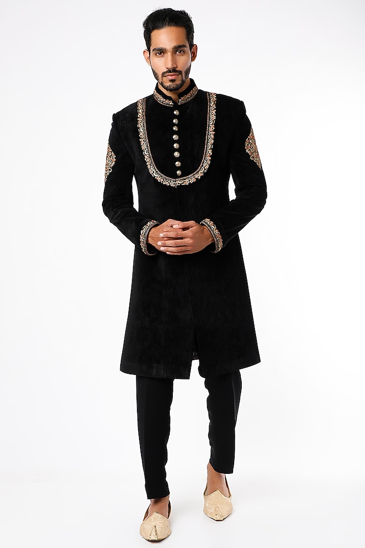 Buy Nero by Shaifali & Satya Black Embroidered Sherwani Set at Pernia ...